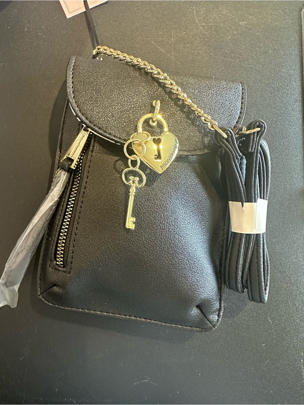 Juicy Couture Black Mini Crossbody Bag with Gold Heart Lock Charm